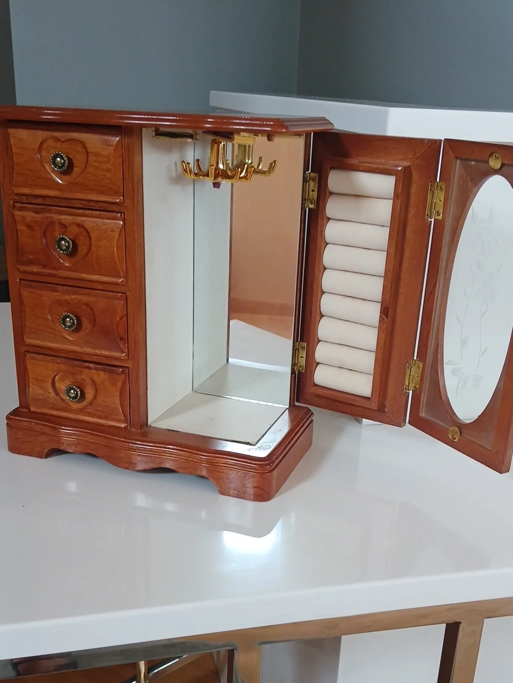 90's Wooden Jewelry Armoire with Mirrored Door - Brown